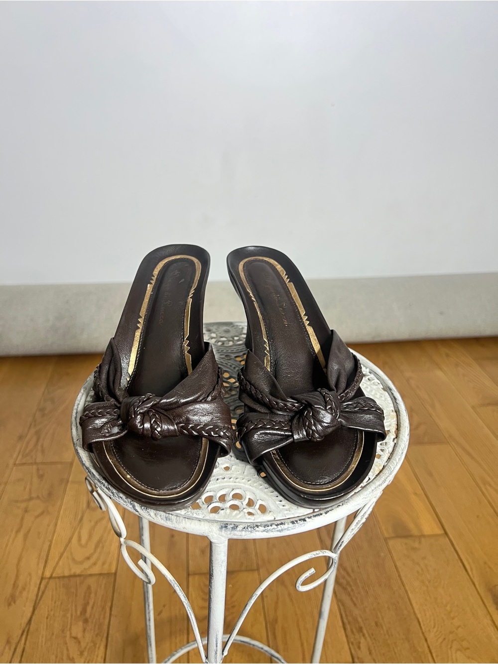 Braided Knot Slide Mules in Dark Brown